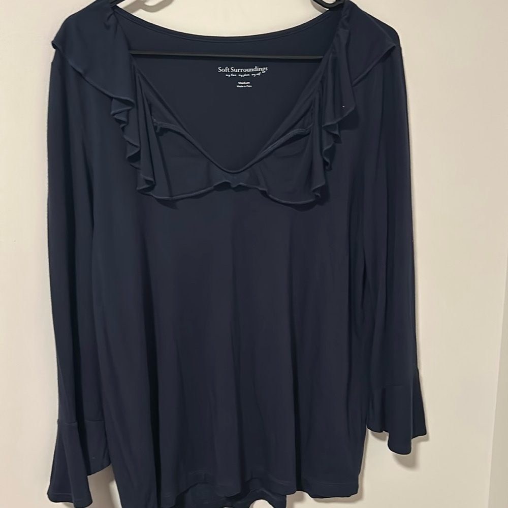 Soft Surroundings Soft Cozy Navy Blue Ruffle Long Sleeve Blouse Size Medium